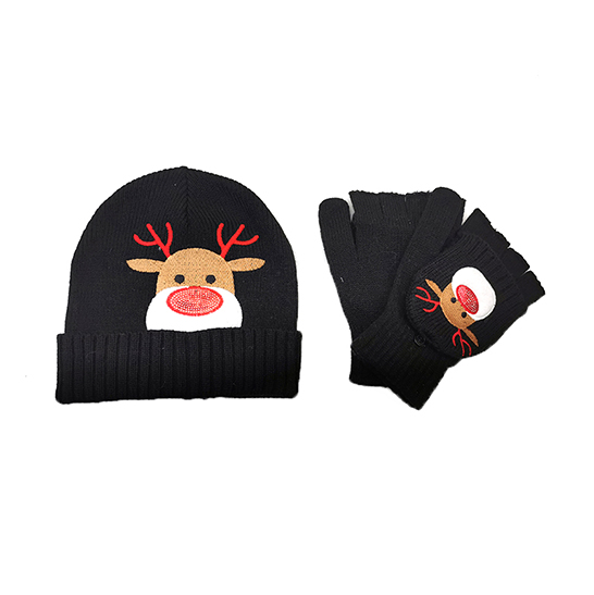 Kids Christmas Deer Beanie and Mittens Set