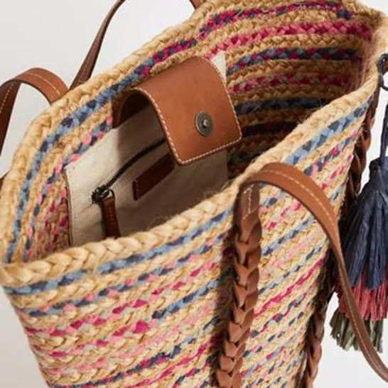 Contrast Woven Weaving Shopper Tote Bag with Tassel