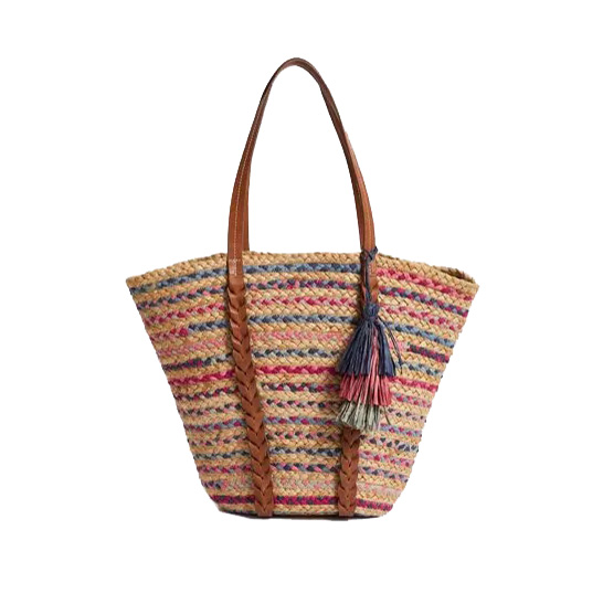 Contrast Woven Weaving Shopper Tote Bag with Tassel