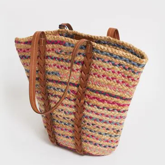 Contrast Woven Weaving Shopper Tote Bag with Tassel