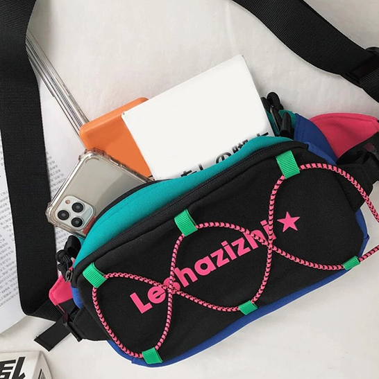 Drawstring Contrast Color Stitching Nylon Fanny bag