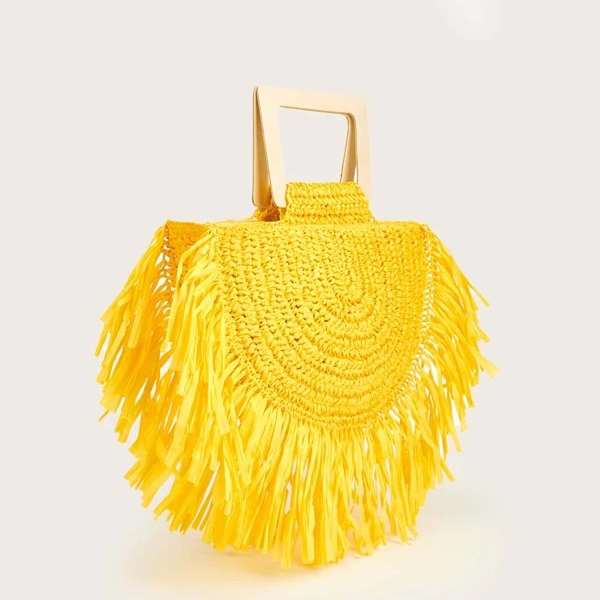 Wooden Handle Paper Woven Beach Bag with Tassel