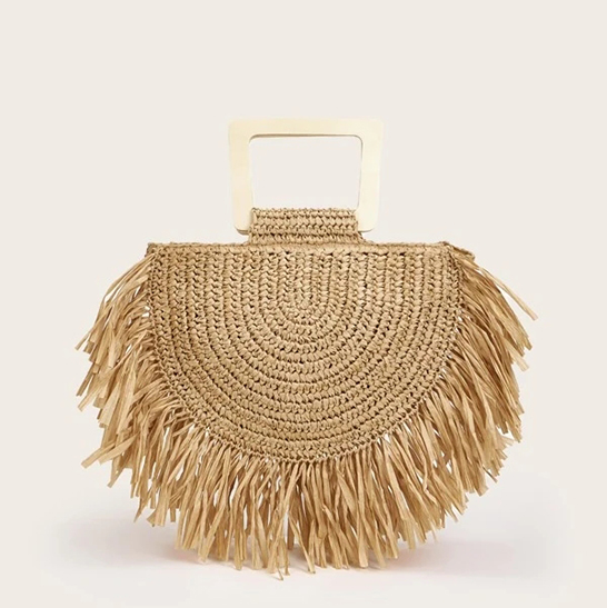 Wooden Handle Paper Woven Beach Bag with Tassel