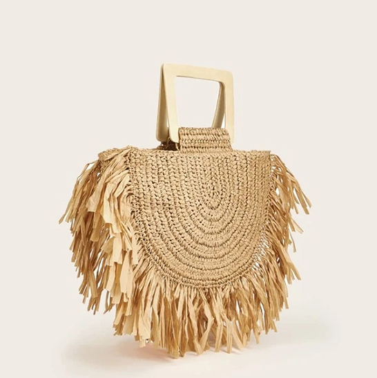 Wooden Handle Paper Woven Beach Bag with Tassel