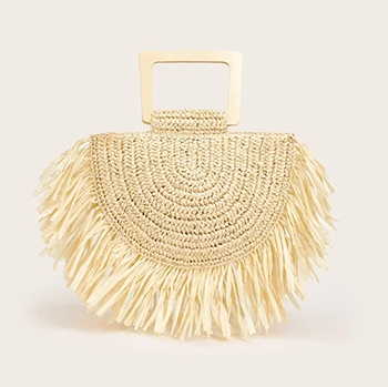 Wooden Handle Paper Woven Beach Bag with Tassel