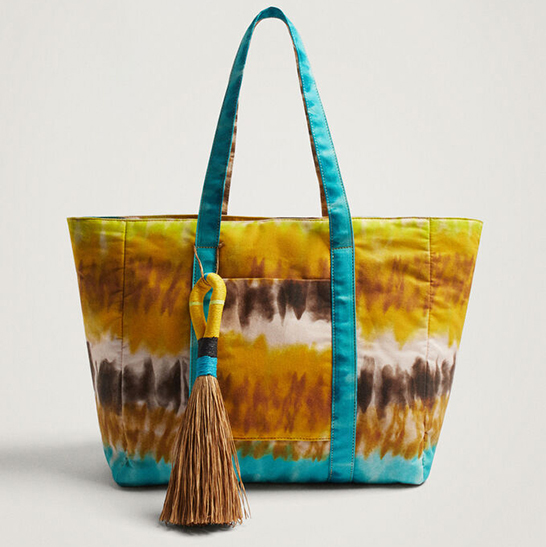 Pad Dye Printing Cotton Beach Bag with Raffia Tassel