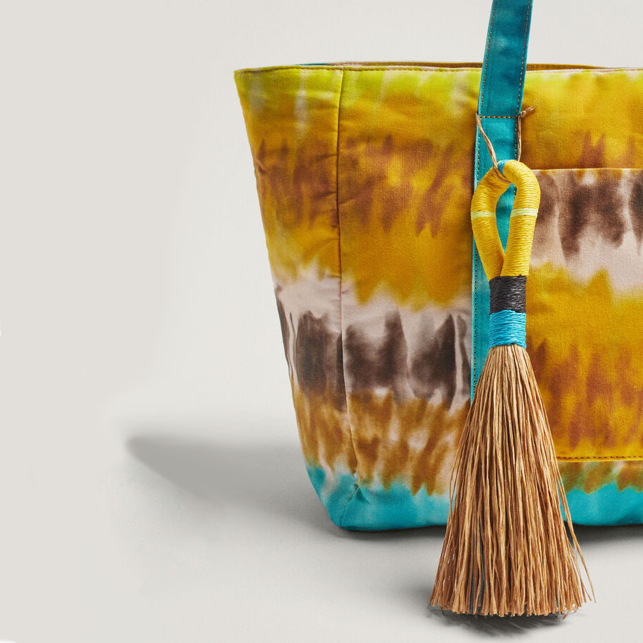 Pad Dye Printing Cotton Beach Bag with Raffia Tassel