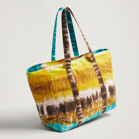 Pad Dye Printing Cotton Beach Bag with Raffia Tassel