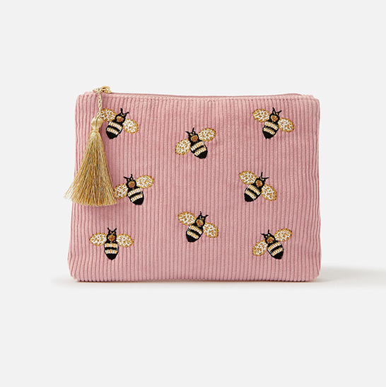 Bee Embroidery Corduroy Coin Purse with Tassel