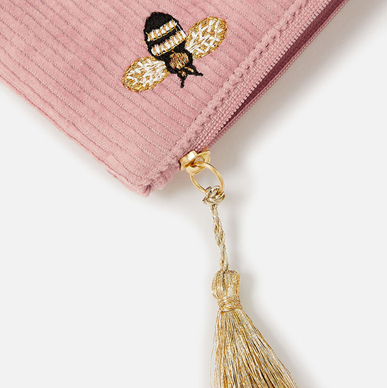 Bee Embroidery Corduroy Coin Purse with Tassel