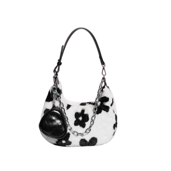 Flower Printed Fake Fur Baguette with Metal Chain and Detachable Purse