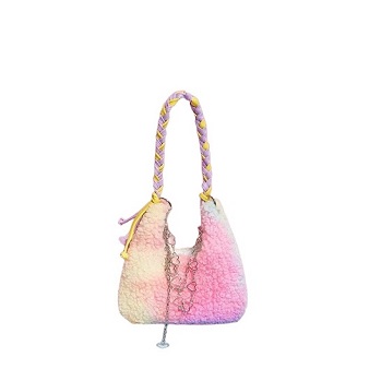 Woven handle color gradient teddy fake fur shoudler bag with heart shape metal chain