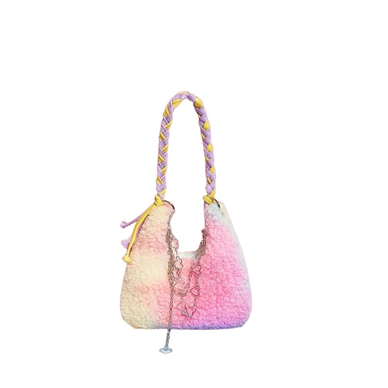 Woven handle color gradient teddy fake fur shoudler bag with heart shape metal chain