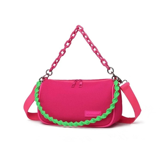 Contrast Color Woven+Chain Handle Nylon Crossbody Bag