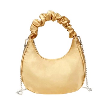 Ruffle Handle Satin HOBO Bag with Metal Chain Shoulder Strap