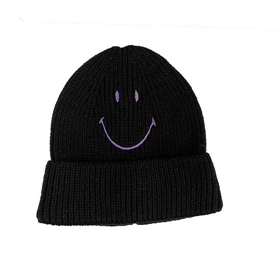 Smiley Embroidered Acrylic Cuffed Kniited Hat