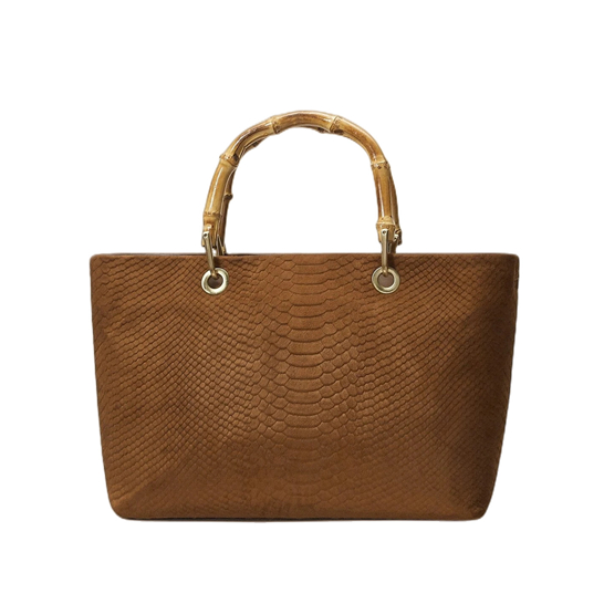 Bamboo Handle Snake Pattern Suedette Tote Bag