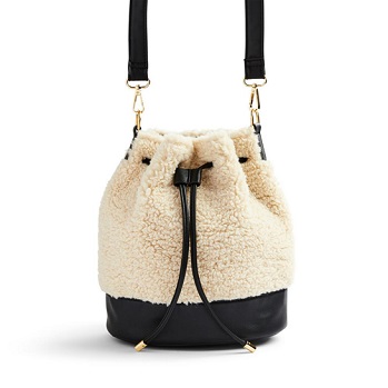 Drawstring PU+Teddy Fake Fur Patchwork Contrast Colour Crossbody Bucket Bag