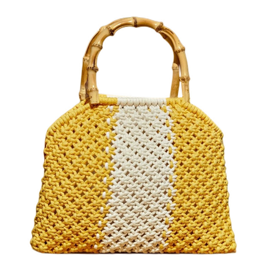 Bamboo Handle Contrast Colour Cotton Woven Bag