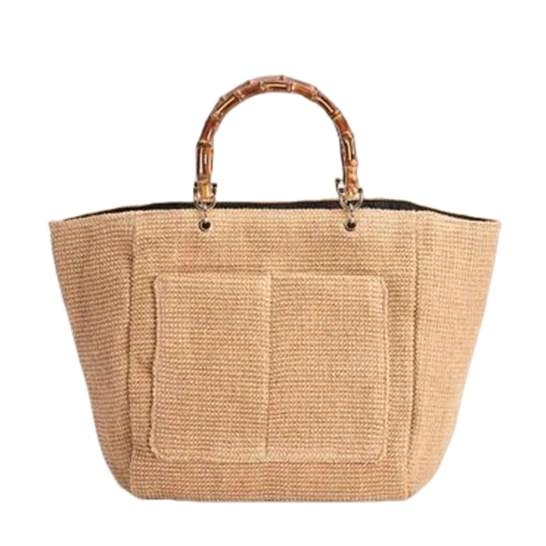 Bamboo Handle Linen Woven Bag