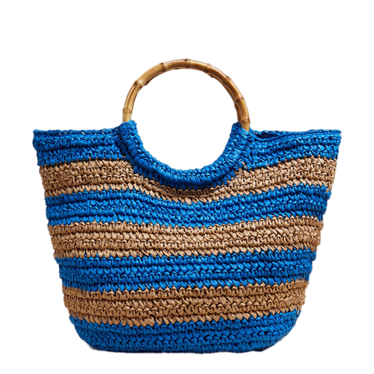 Round Bamboo Handle Contrast Colour Woven Bag