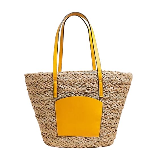 Contrast Colour PU Handle Straw Woven Bag
