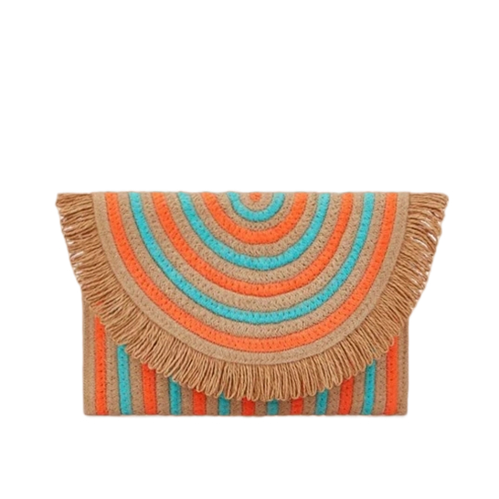 Contrast Colour Tassels Edging Straw Woven Bag