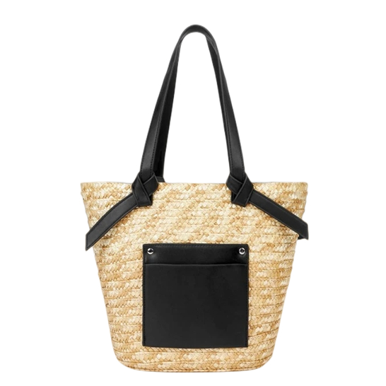 Contrast Colour Front Pocket Knotted Handle Straw Cotton Bag