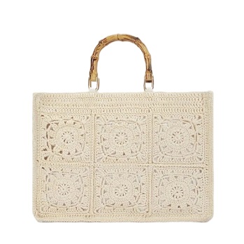 Bamboo Handle Flower Patterned Cotton Woven Bag