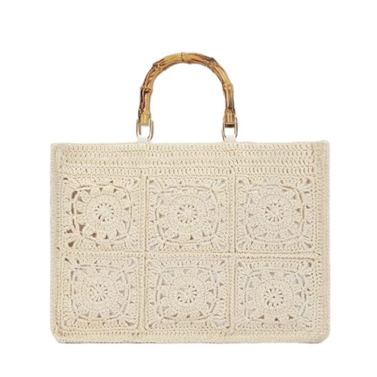 Bamboo Handle Flower Patterned Cotton Woven Bag