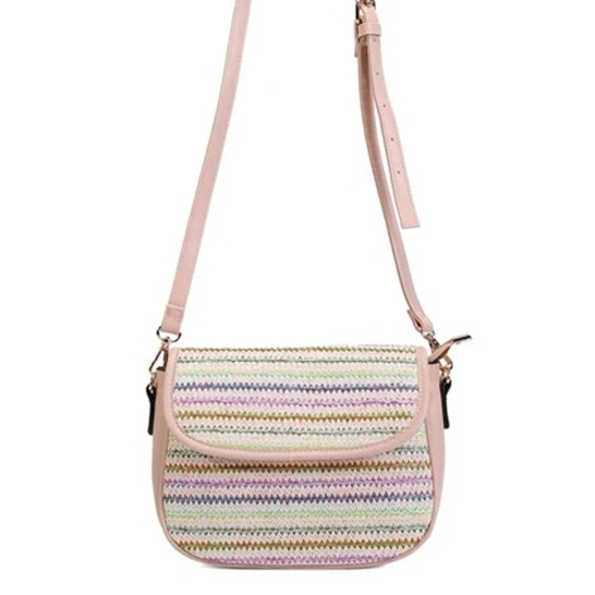 Contrast Colour PP Straw Woven Bag with Long Strap