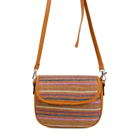 Contrast Colour PP Straw Woven Bag with Long Strap