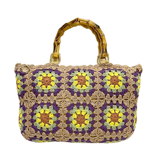 Bamboo Handle Flower Patterned Check Cotton Woven Bag