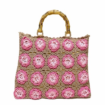Bamboo Handle Rose Patterned Check Cotton Woven Bag