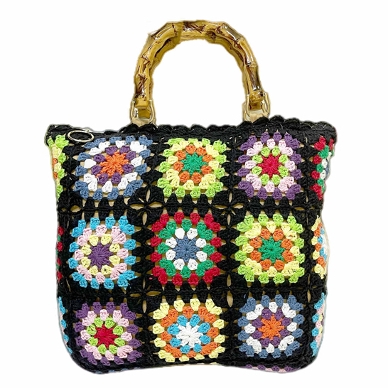 Bamboo Handle Flower Patterned Check Cotton Woven Bag