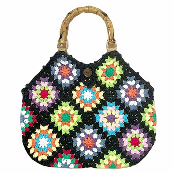 Bamboo Handle Flower Patterned Rhomboid Cotton Woven Bag