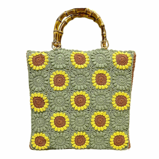 Bamboo Handle Sunflower Patterned Check Cotton Woven Bag