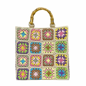 Bamboo Handle Flower Patterned Check Cotton Woven Bag