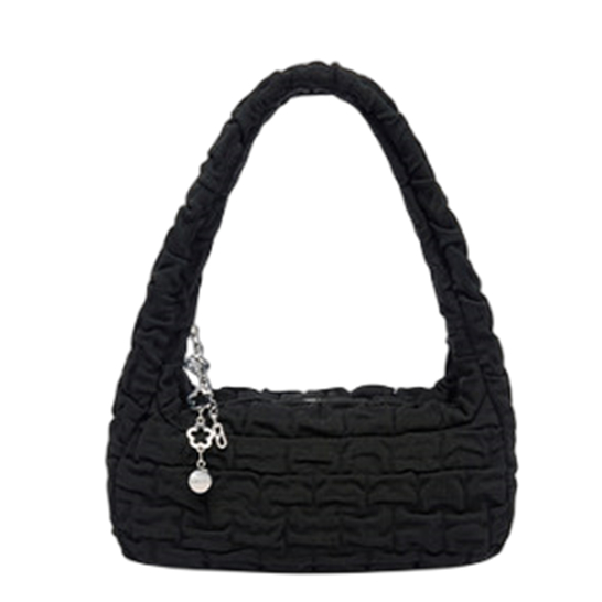 Linen Ruffle Baguette Shoulder Bag with Chain Decor