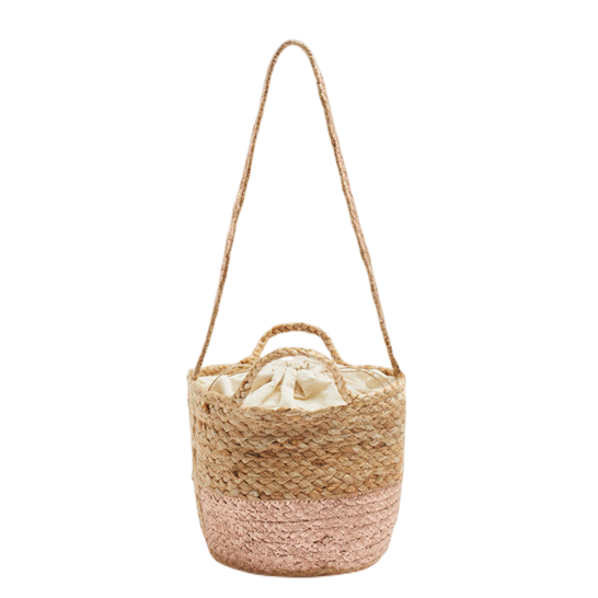 Contrast Colour Long Strap Jute Woven Bag