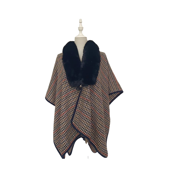 Houndstooth Shawl With Fur Collar