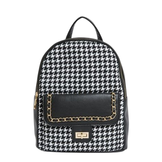 Houndtooth Chain Edging Flap+Spin Lock PU Tweed Patchwork Backpack