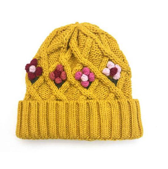 Knitted Hat With Embroidered Flower