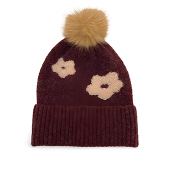 LADIES FLOWER KNIT BEANIE WITH POMPOM