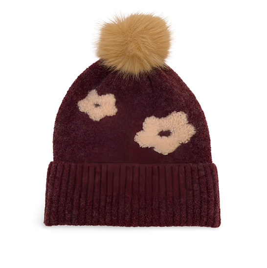 LADIES FLOWER KNIT BEANIE WITH POMPOM